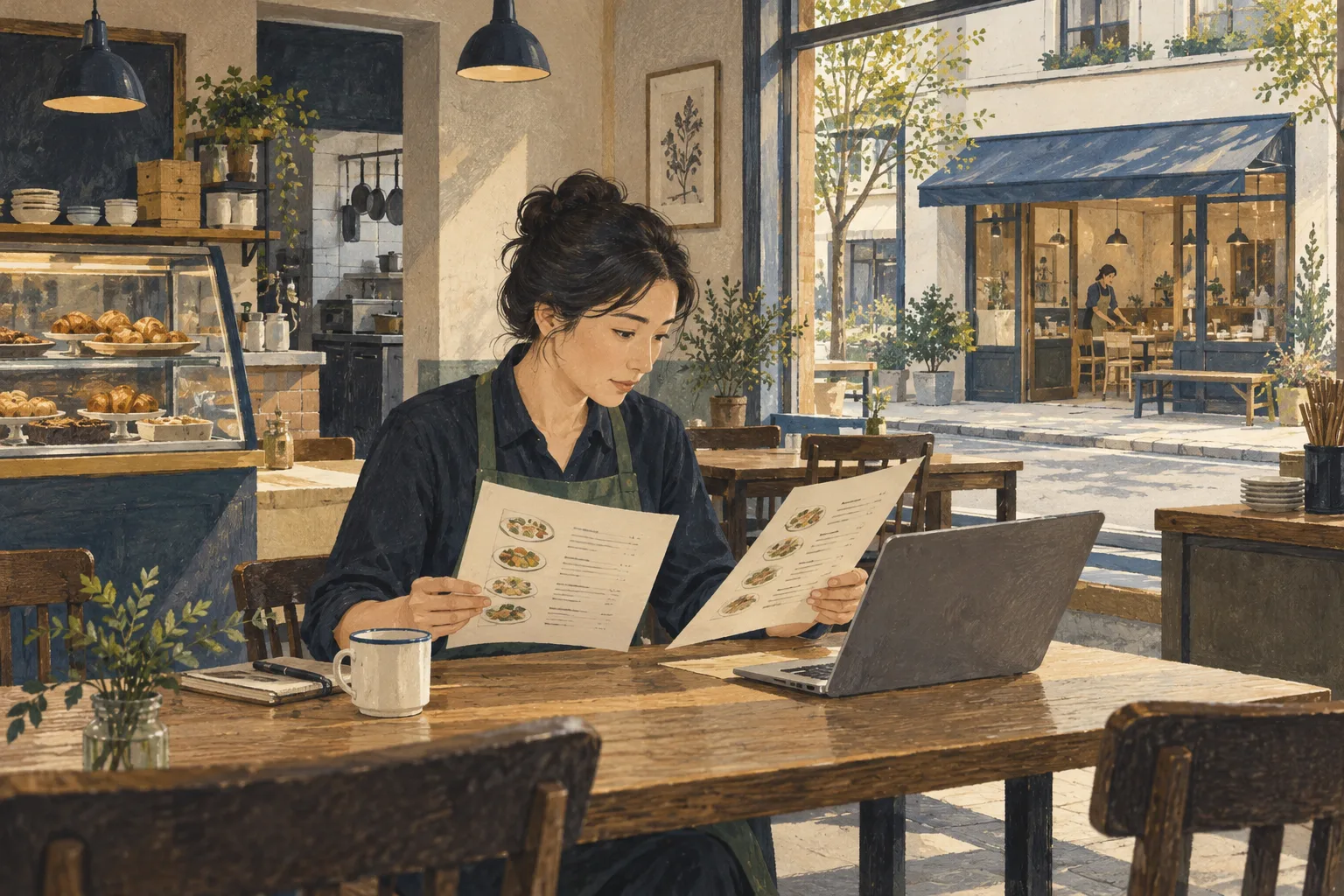 店长在开业前核对菜单和电脑商品资料的场景插画