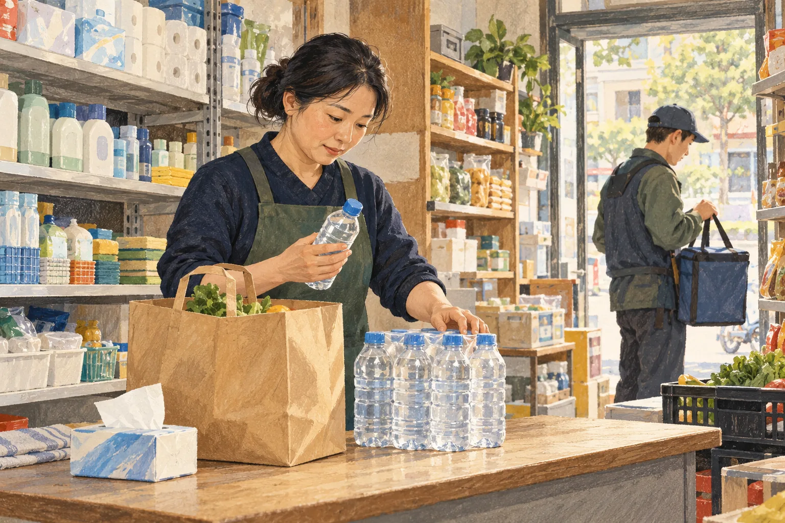 便利店员工核对单瓶与组合装商品并准备配送的场景插画
