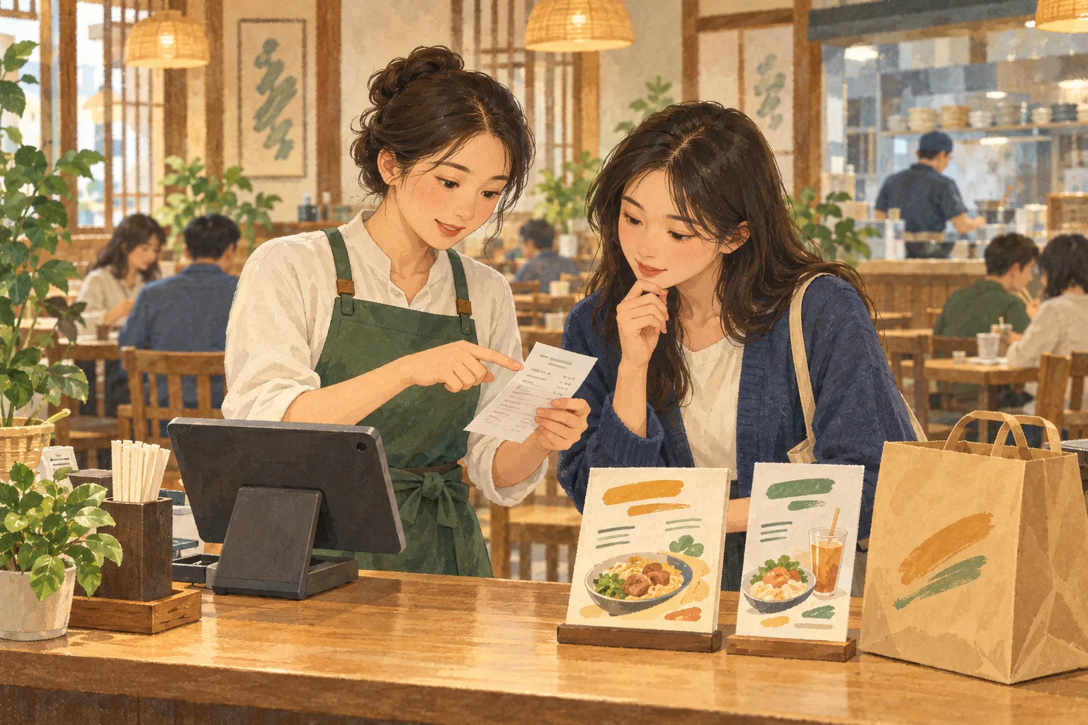 餐厅店员与顾客一起查看优惠卡和结账小票的场景插画