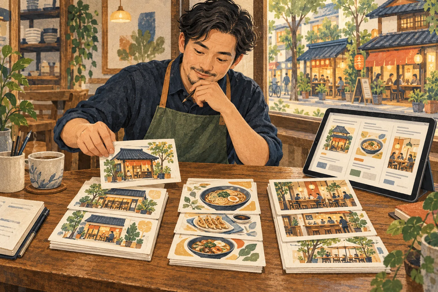 运营人员整理不同门店展示卡片的场景插画