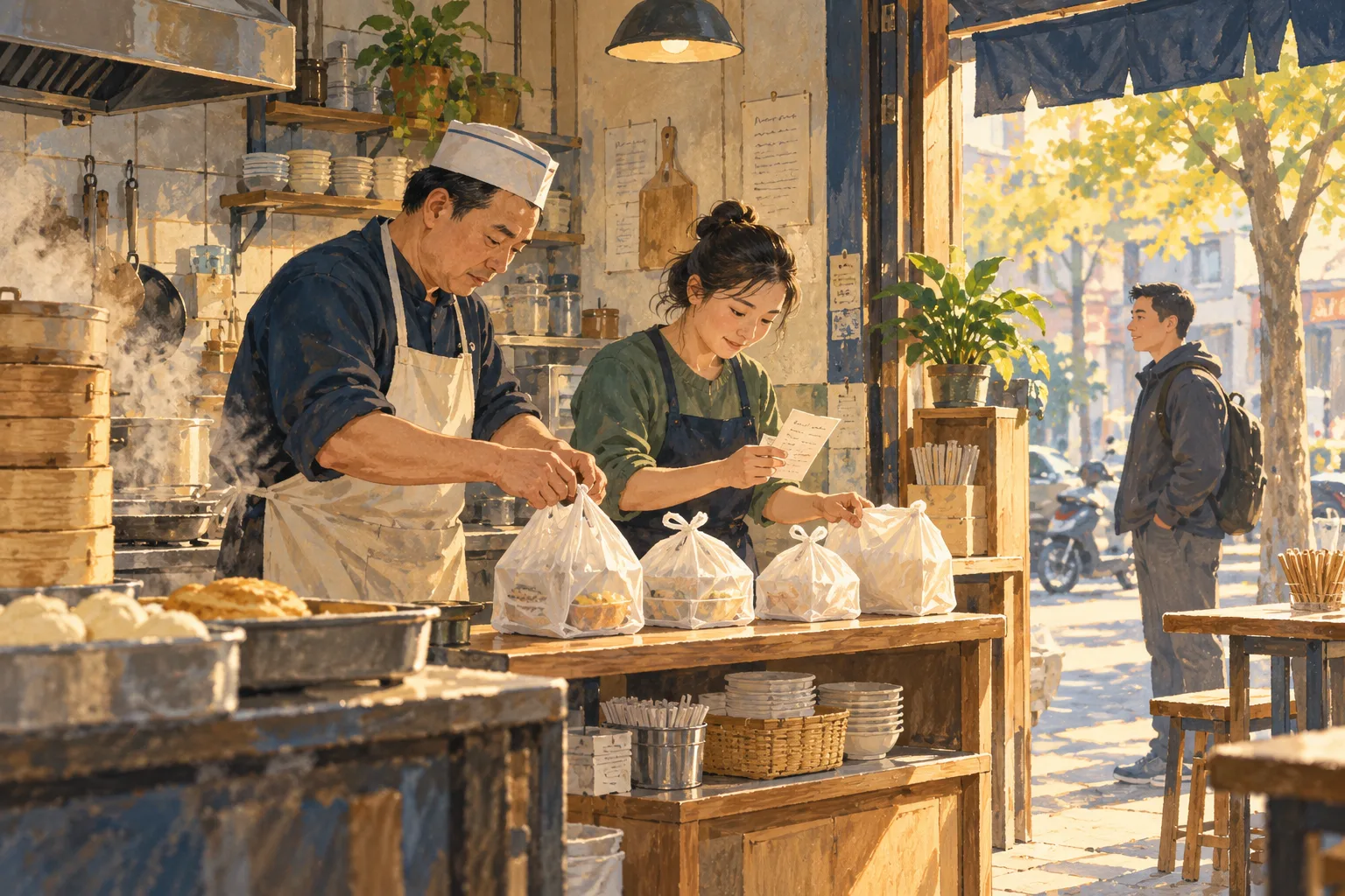 早餐店员工检查预订单并整理待取餐品的场景插画