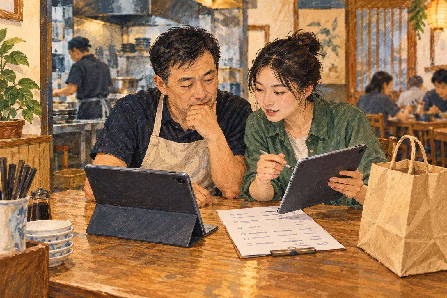 餐厅经营者用订单清单比较软件演示的场景插画