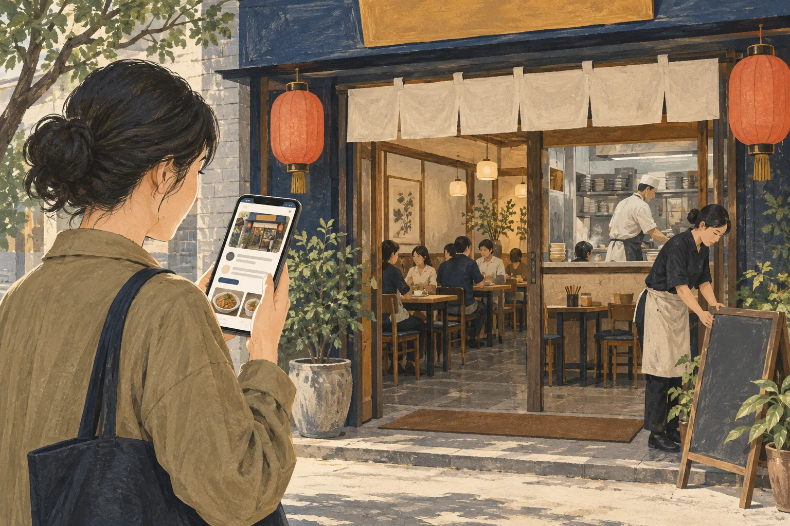 顾客在实体餐厅门前查看手机门店资料的场景插画